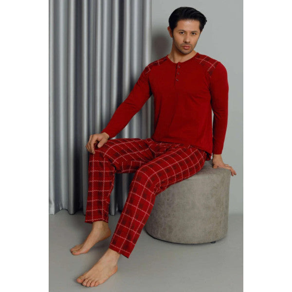 Plaid Long Sleeve Men's Pajama Set Claret Red