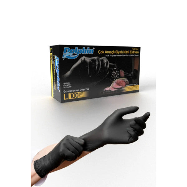 Dolphin Multi-Purpose Black Nitrile Gloves (L) 100 Pcs (Food Safe)