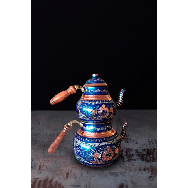 Traditional Erzincan Embroidered Blue Copper Teapot Medium Size