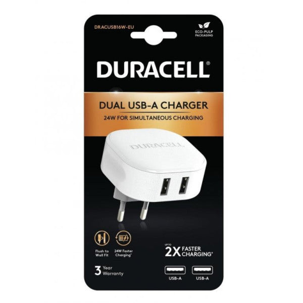 Duracell 24W Phone / Tablet Charging Head 2Xusb 2X5V/2.4A - White