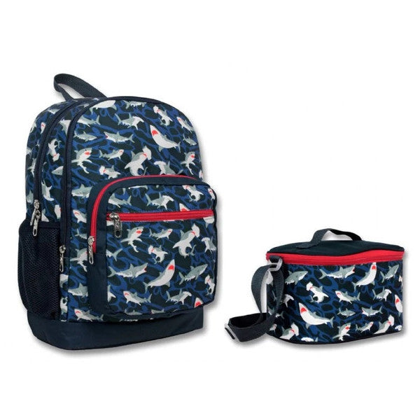 Cennec Four Compartment Navy Blue Red Shark Primary School Backpack And Lunch Set - Boy