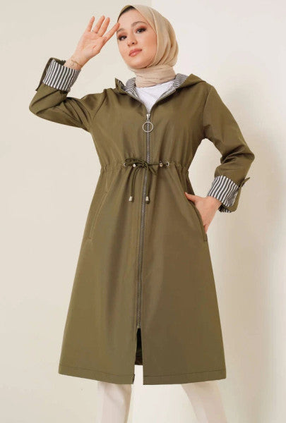 Ankle Striped Hooded Khaki Trench Coat