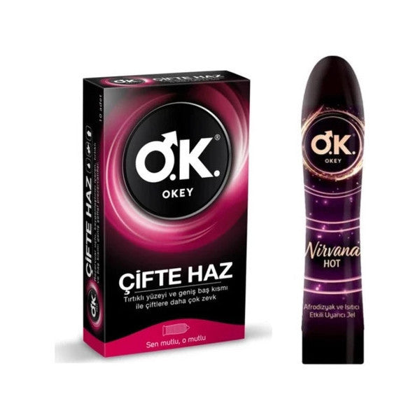 Okey Double Pleasure 10 Condoms + Nirvana Hot Lubricant Gel 100 Ml