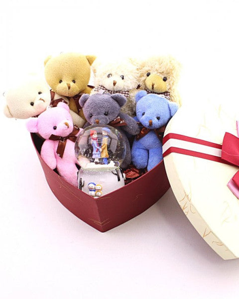7 Mini Teddy Bears Gift Box for Valentine's Day Winter Tale Snow Globe in a Heart Box