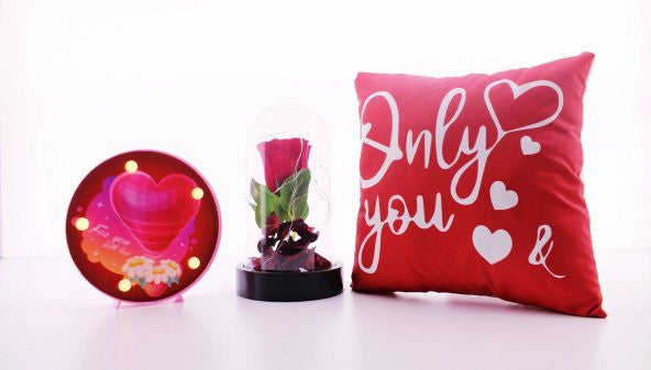 Decorative Valentine's Day  Eve Special Gift For Lovers Led Lamp, Led Lighted Bell Jar Rose And Pillow