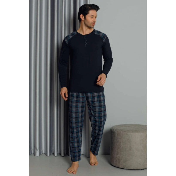 Plaid Long Sleeve Men's Pajama Set Navy Blue