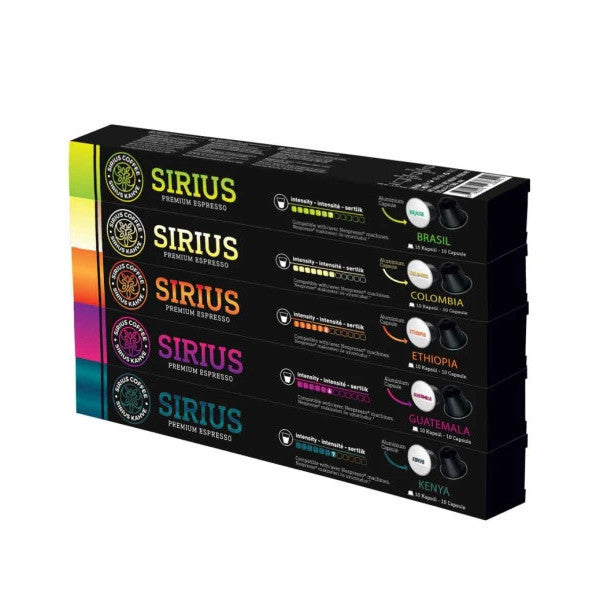 Sirius Nespresso Compatible Single Origin Capsule Coffee Set Of 5 (Ethiopia, Colombia, Guatemala, Kenya, Brasil) - 50 Capsules