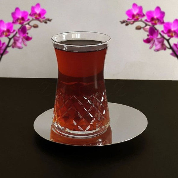 Diamond Pattern Decorated Steel Asymmetric Plate Tea Set - For 6 Persons