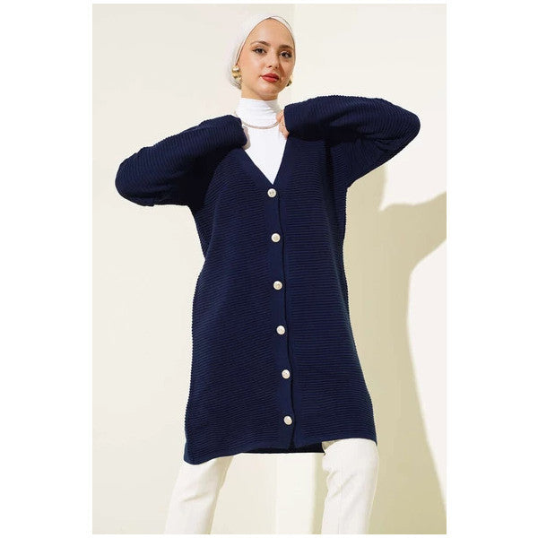 Front Buttoned Horizontal Ribbed Knitwear Cardigan Navy Blue