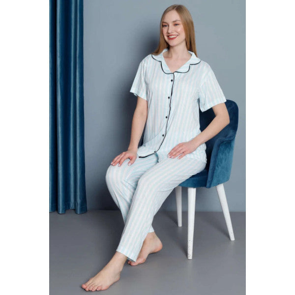 Shirt Collar Thick Striped Pajama Set Mint