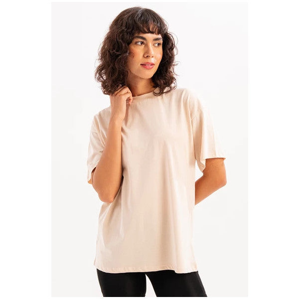 Justever 100% Cotton Oversize Fit Crew Neck Beige Women's T-Shirt - Halo