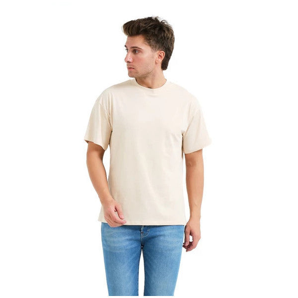 Justever 100% Cotton Oversize Fit Crew Neck Beige Men's T-Shirt - Alpha