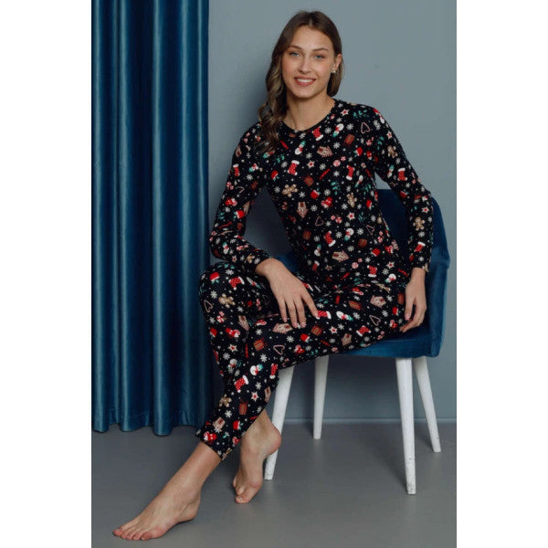 New Year's Patterned Long Sleeve Women's Pajama Set Black