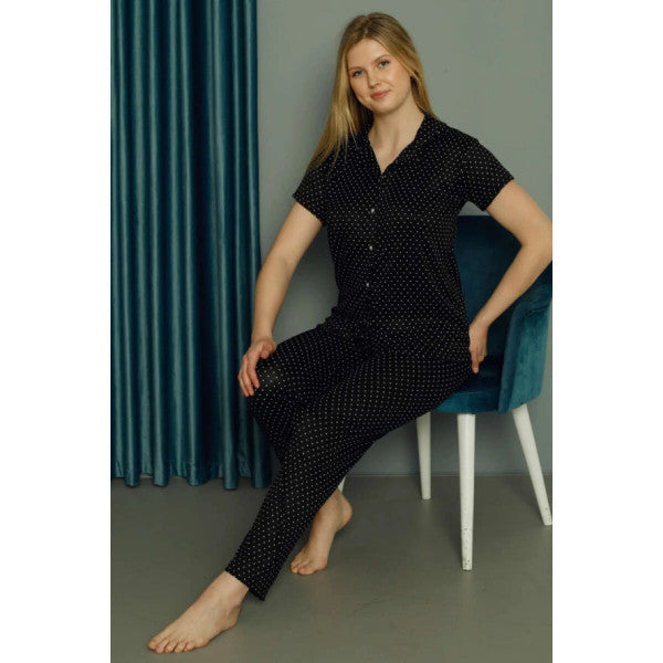 Polka Dot Patterned Short Sleeve Women's Pajama Set Black