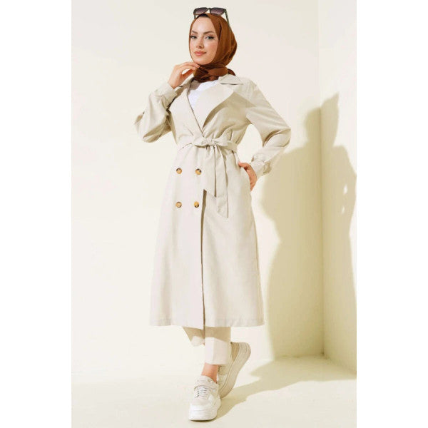 Waist Belted Buttoned Trench Coat Stone