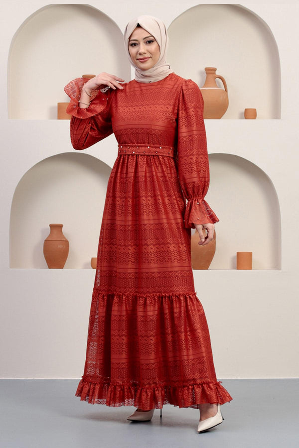 Pearl Detailed Lace Evening Dress Tile 12239