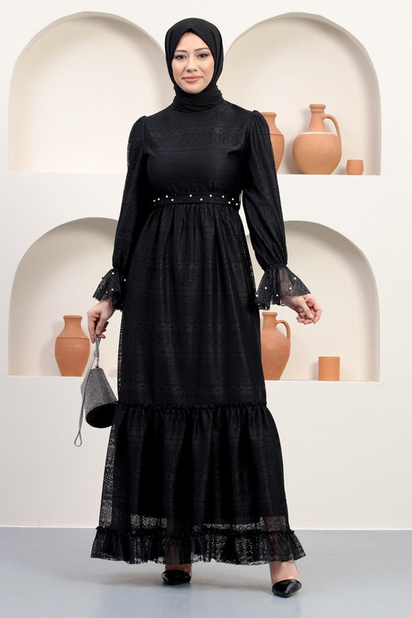 Pearl Detailed Lace Evening Dress Black 12239