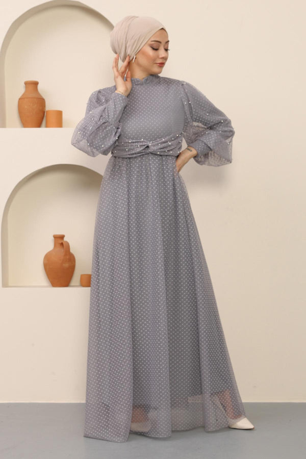Pearl Detailed Tulle Evening Dress Gray Msw12238-5