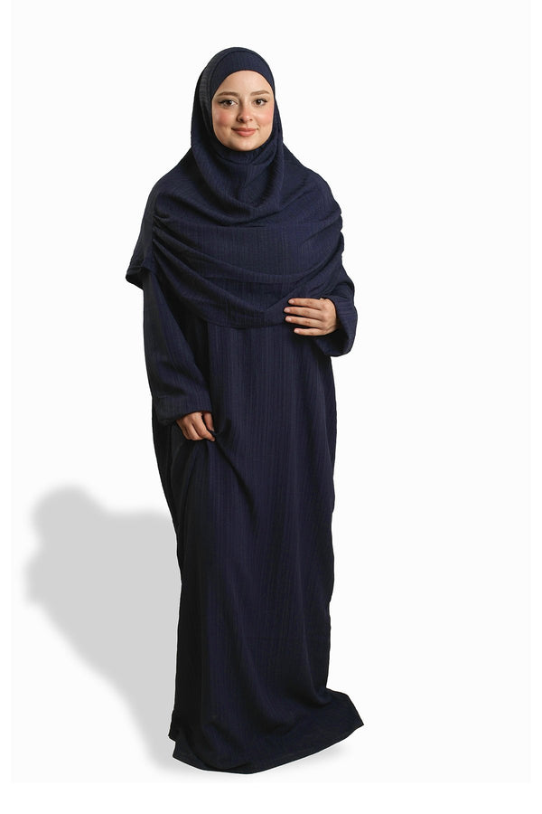 Navy Blue Two-Piece Prayer Dress, Woven With Self-Patterned Design 2502_02