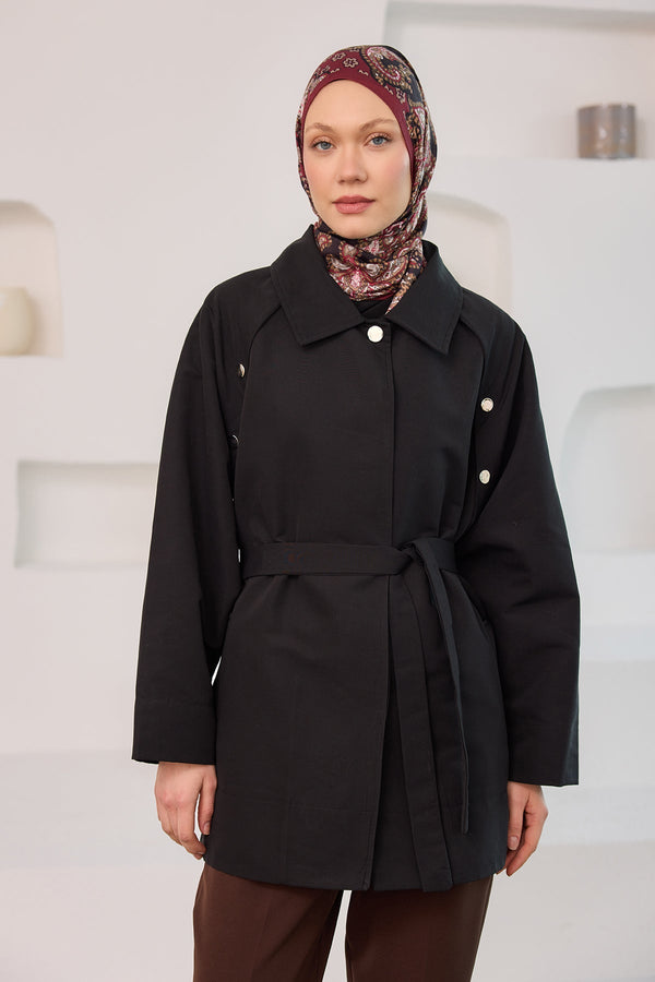 Sides Openable Snap Button Detail Short Trench Coat Black