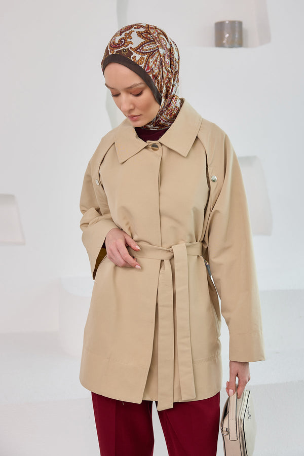 Sides Openable Snap Button Detail Short Trench Coat Cream