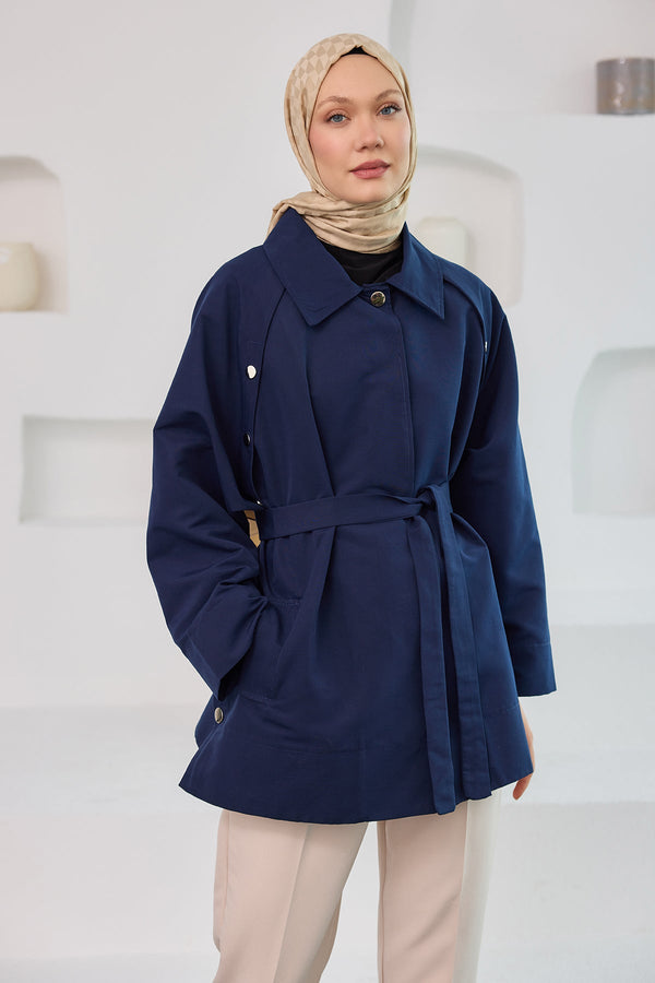 Sides Openable Snap Button Detail Short Trench Coat Navy
