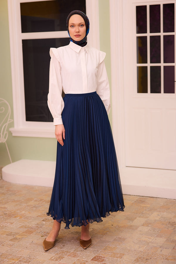 Navy Blue Chiffon Skirt With Zipper Details