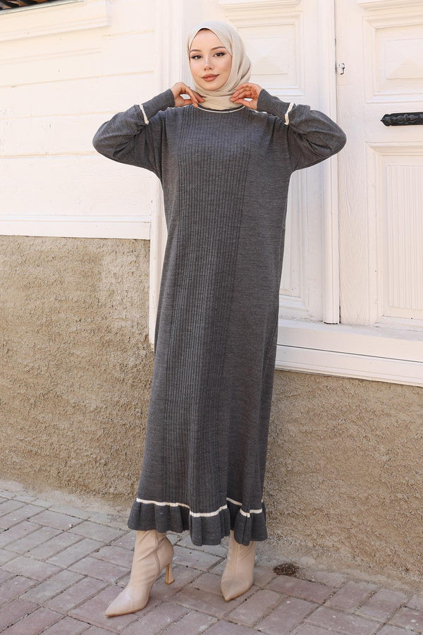 Stone Detailed Cuff Knit Dress Gray 6150