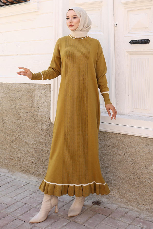 Stone Detailed Cuff Knit Dress Khaki 6150