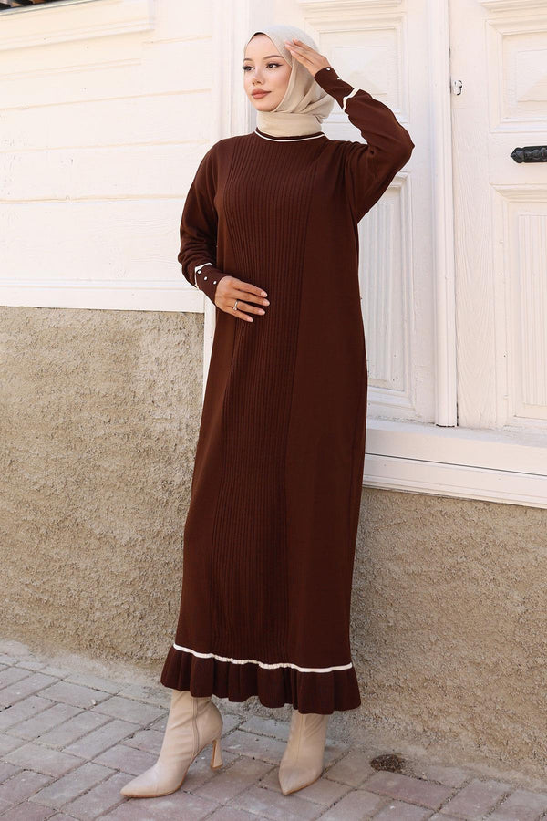 Stone Detailed Cuff Knit Dress Brown 6150