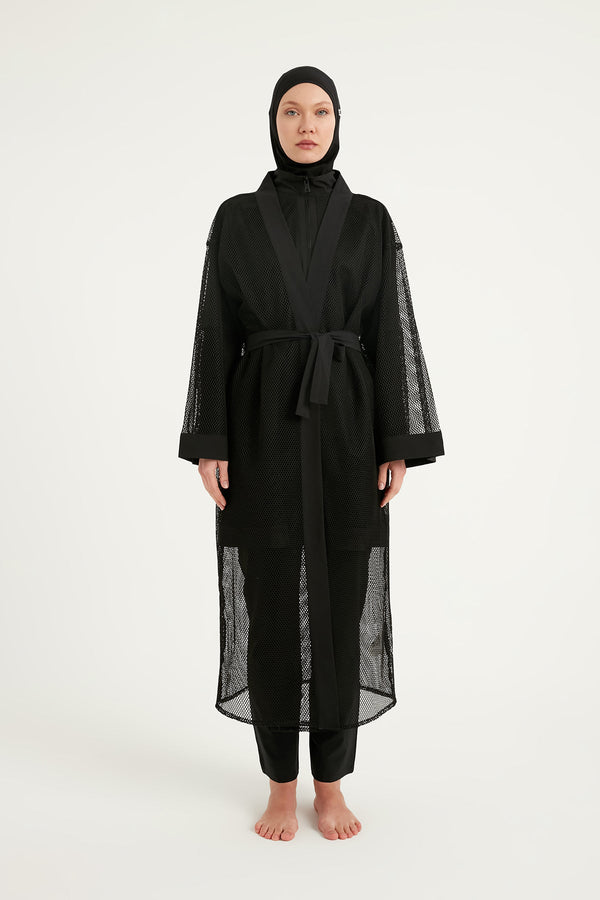 Black Full Coverage Mesh Kimono – Lightweight Islamic Beach Cover-Up P2501-1