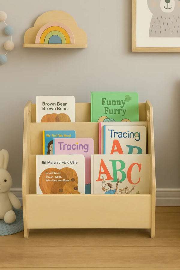 Montessori Wooden Bookshelf for Kids | Wooden Montessori Book Storage Rack | Nursery Room Furniture & Organizer