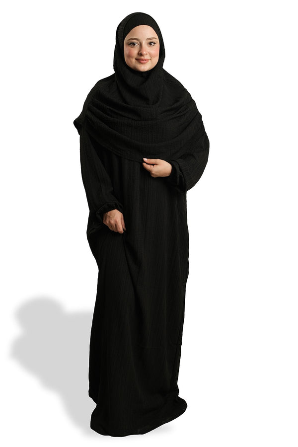 Black Two-Piece Prayer Dress, Woven, Self-Patterned 2502_01