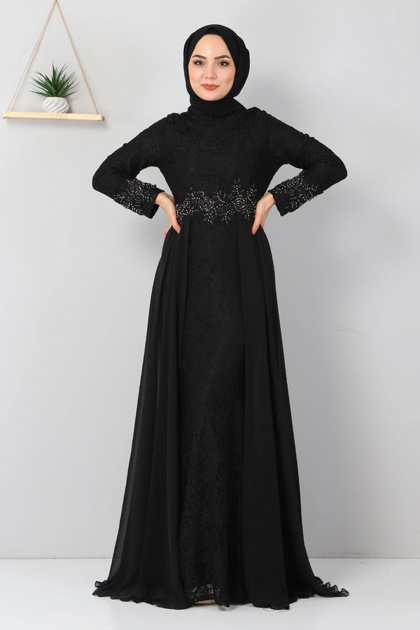 Stone Detailed Fishtail Evening Dress Black 8855