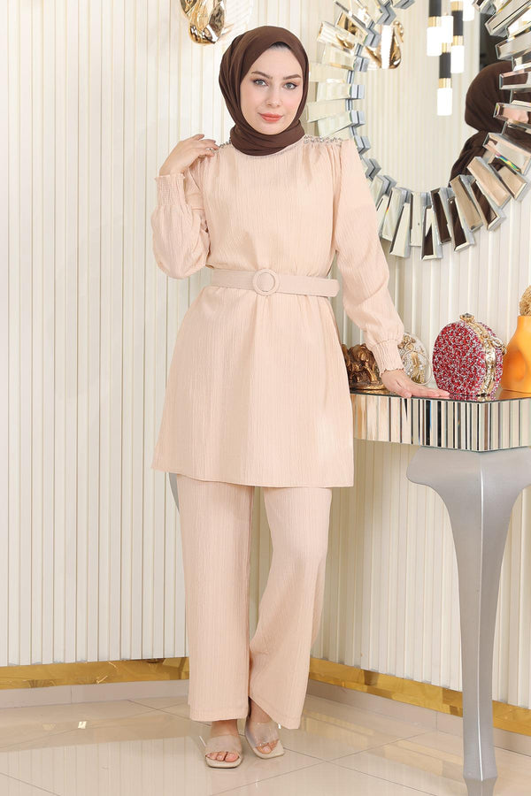 Stone Detailed Belted Suit Beige Msw19104-2