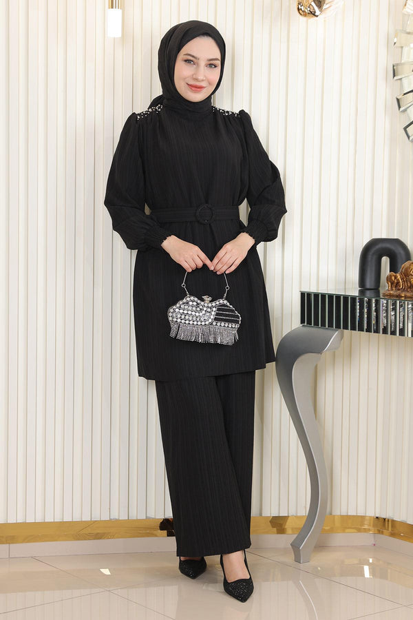 Stone Detailed Belted Suit Black Msw19104-1