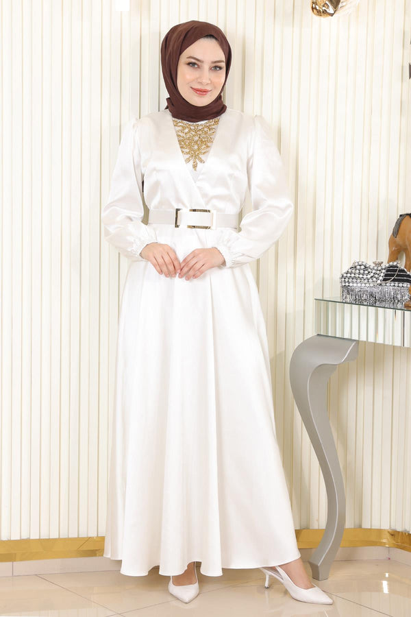 Stone Detailed Satin Evening Dress White Msw19901-2