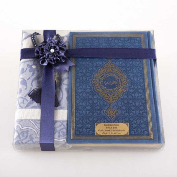 Prayer Mat + Prayer Beads + Quran Gift Set (Medium Size, Navy Blue)