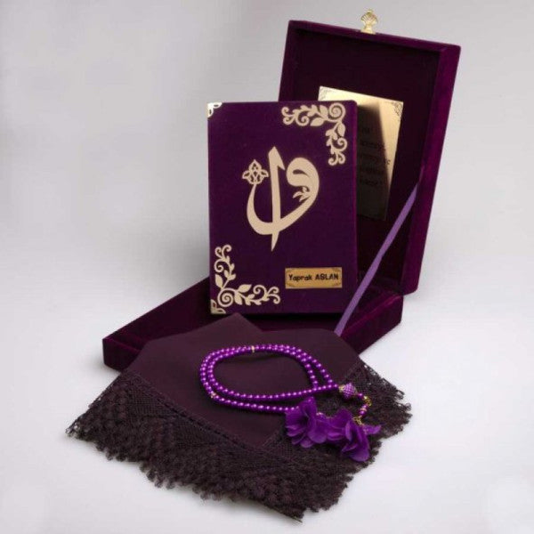 Şal + dua boncukları + Kur'an hediye seti (çanta boyutu, plak kutulu, mor)