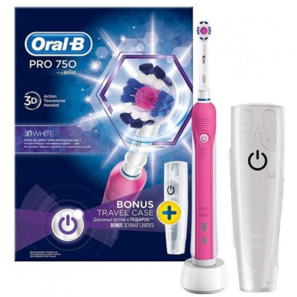 Oral-B Pro 750 Rechargeable Toothbrush Cross Action Pink with Travel Container