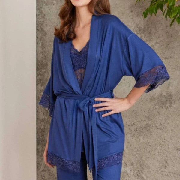 Pierre Cardin Lace Combed Cotton Pajama Set with Dressing Gown Navy Blue