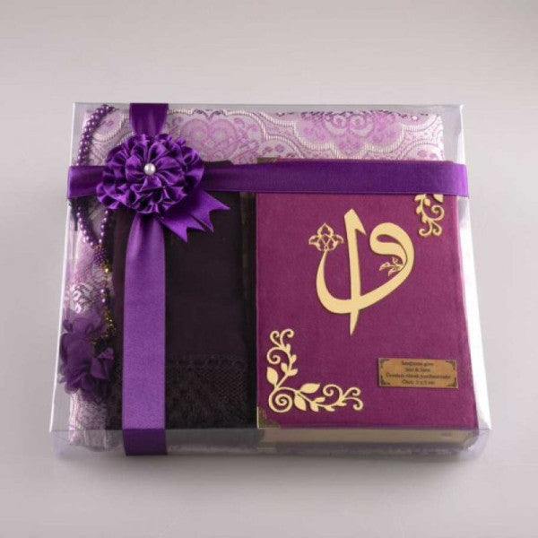 Shawl + Prayer Rug + Prayer Beads + Quran Gift Set (Hafiz Size, Velvet, Purple)