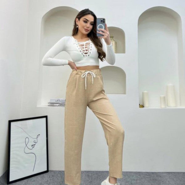 Cream Color Linen Fabric Carrot Model Trousers