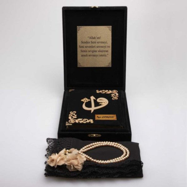 Shawl + Prayer Beads + Prayer Beads + Quran Set (Rahle Size, Plaque Boxed, Black)