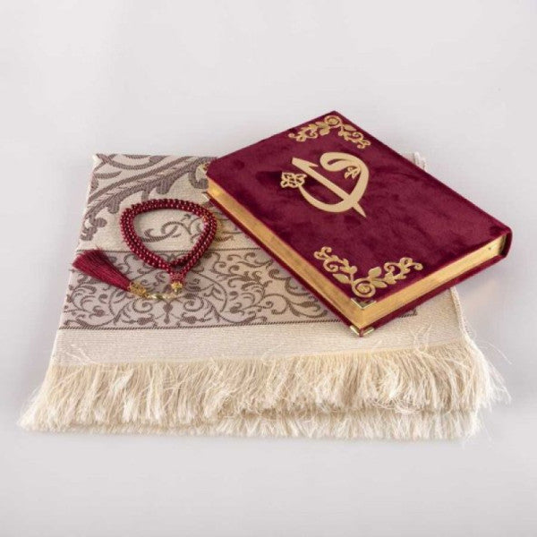 Prayer Mat + Prayer Beads + Quran Gift Set (Medium Size, Velvet, Claret Red)