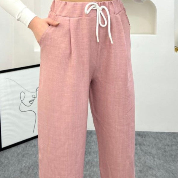 Powder Color Linen Fabric Carrot Model Trousers