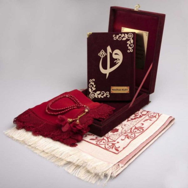 Şal + Dua Halı + Dua Boncukları + Kur'an Seti (Çanta Boyutu, Plak Kutusu, Beyaz Kırmızı)