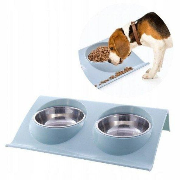 Double Color Food And Water Bowl With Steel Bowl Blue 37.5X24X7.5