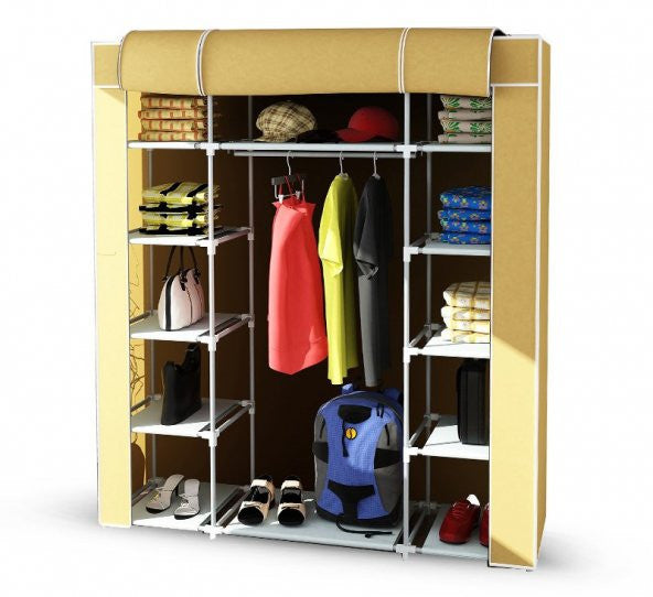 Hanging Cloth Wardrobe With Double Side Shelves - Beige