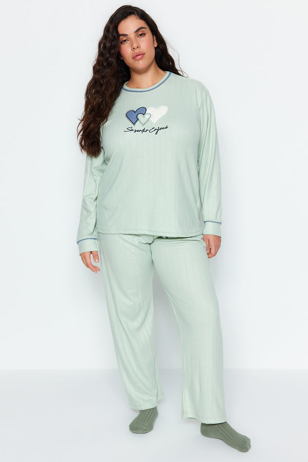 Trendyol Curve Women's Green Plain Long Sleeve Fitted Plus Size Pajama Set
